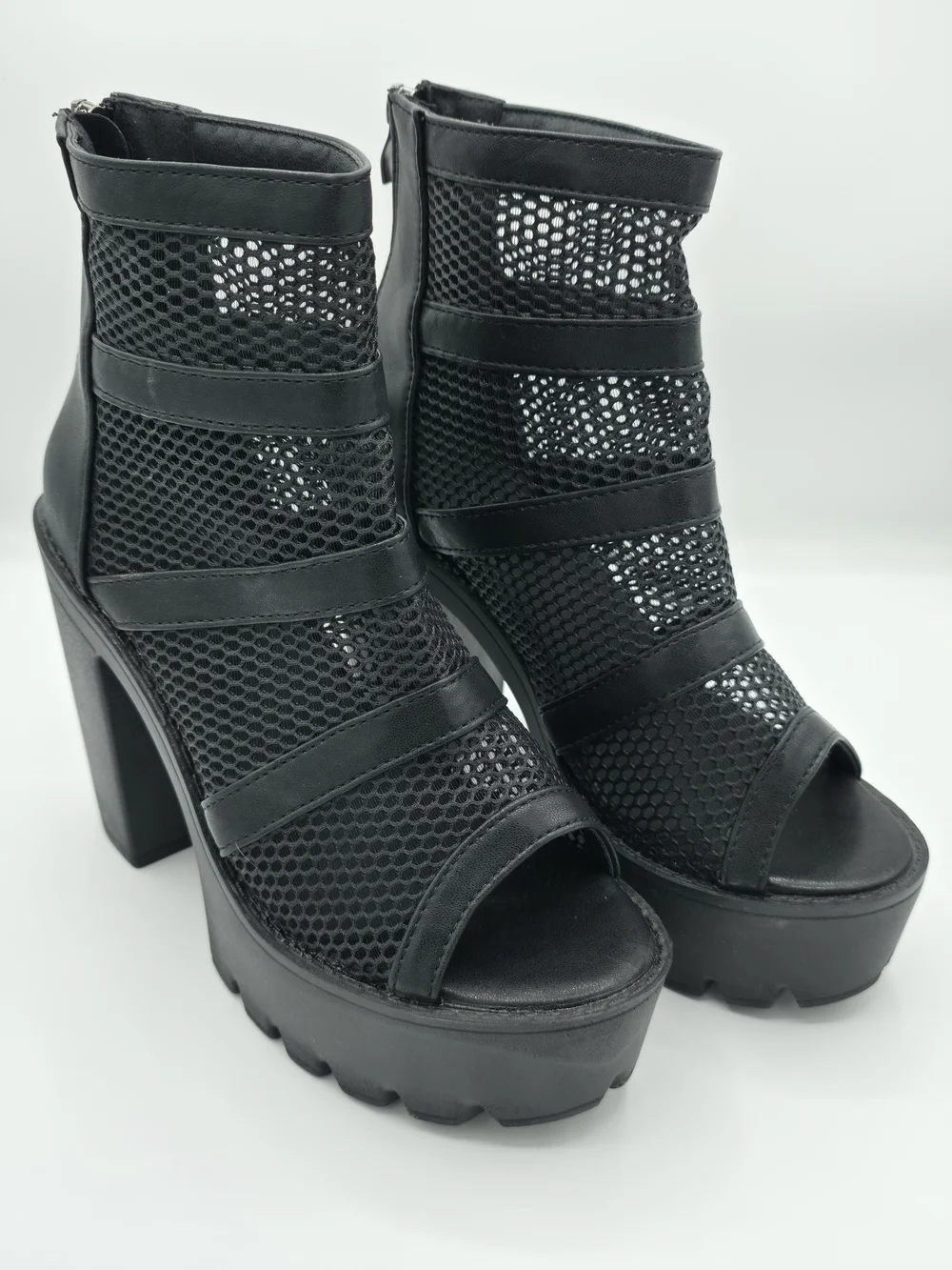 Black Mesh Platform Peep-Toe Heeled Boots